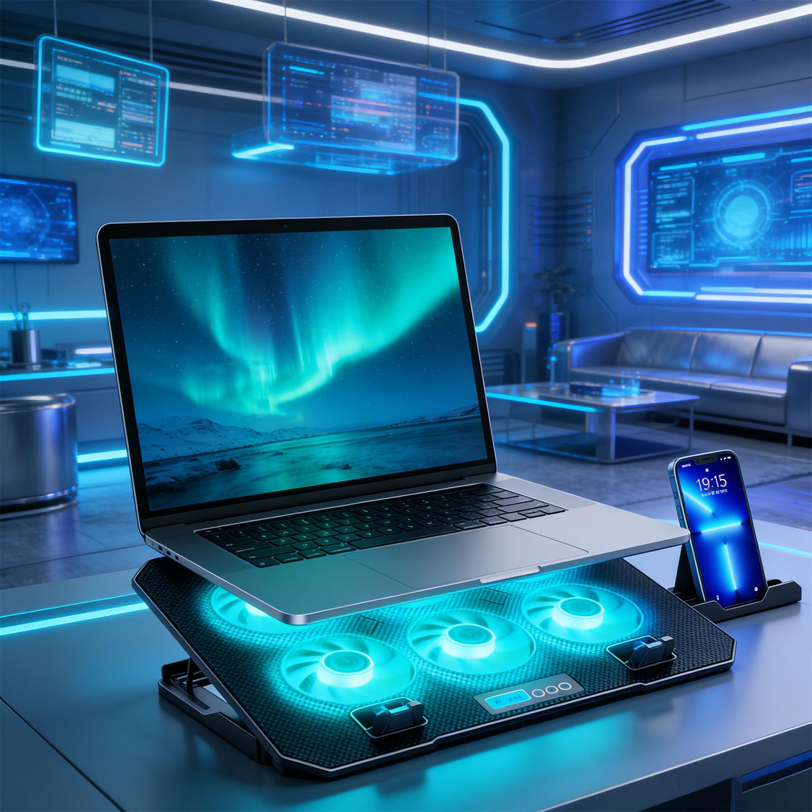 Tappetino Raffreddamento per Laptop, Pressione ergonomica del Collo Regolabile per Supporto in Altezza per Laptop con 2 Porte USB, Supporto per Telefono, Supporto Raffreddamento USB