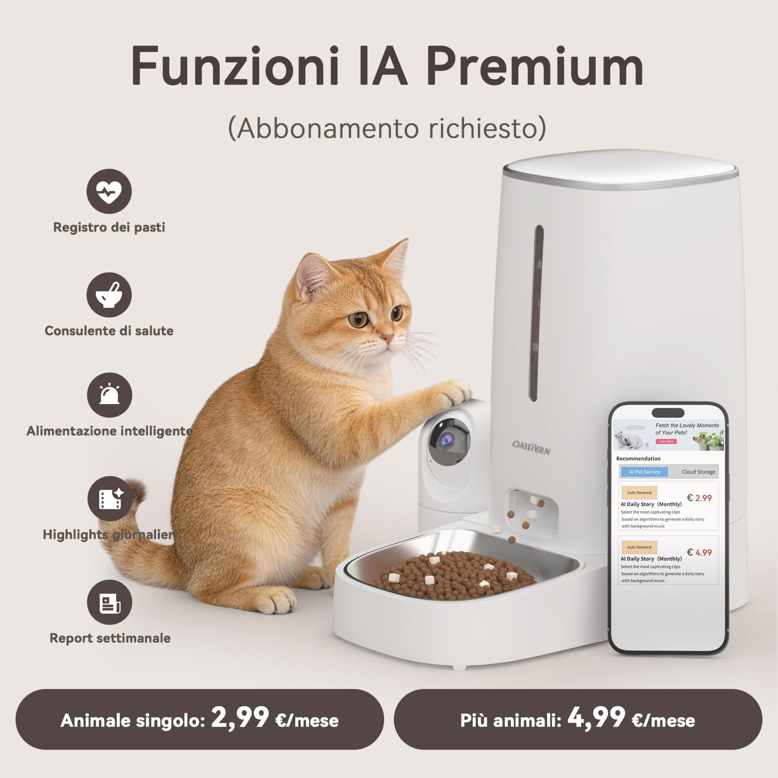 Distributore Automatico Cibo WiFi per Gatti e Cani con Telecamera HD 1080P, Dispenser Crocchette con Camera Rimovibile, Visione Notturna, Supporto 2,4G/5G, AI Funzione, Tuya App