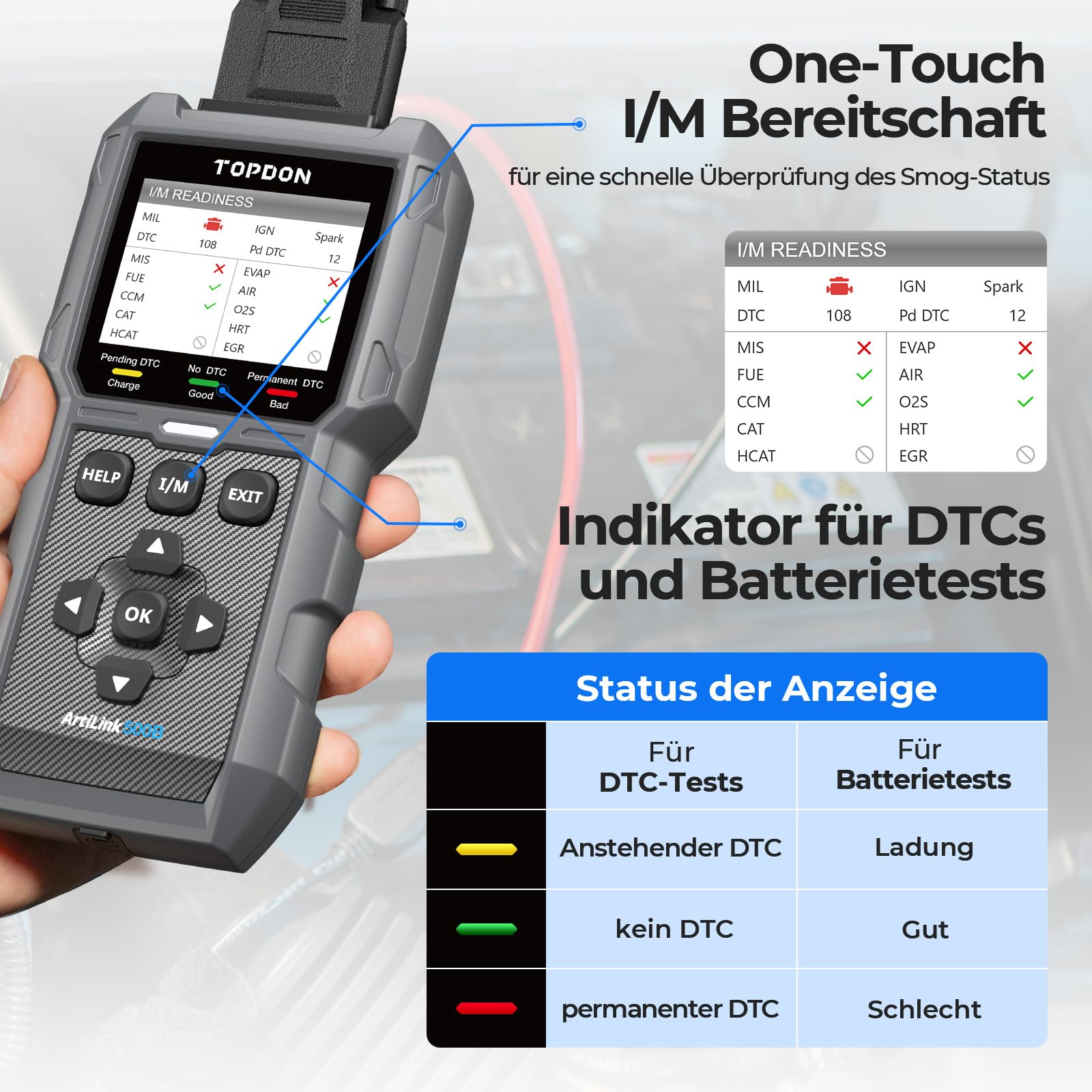 TOPDON ArtiLink500B OBD2 Diagnosegerät Auto und Batterietester 2-in-1, Universal KFZ-Fehlercode-Lesegerät mit Vollen OBD2-Funktionen, Laufen Batterie-Tests, Anlassen Tests, Lade-Tests