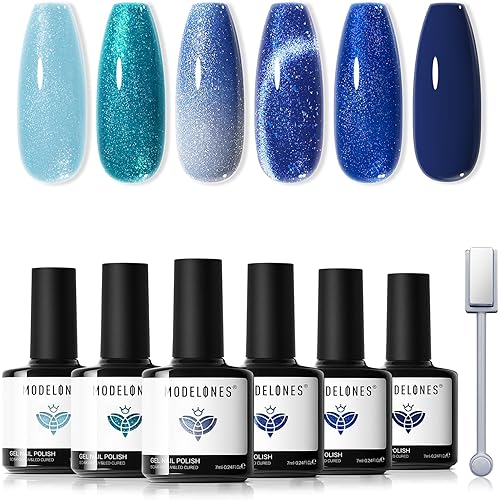 modelones Blue Gel Nail Polish Set, 6 Colors Cat Eye Glitter Color Changing Chameleon Gel Polish Kit with Magnet Snow Stickers Soak Off Led Nail Art Manicure Salon DIY Holiday Gifts
