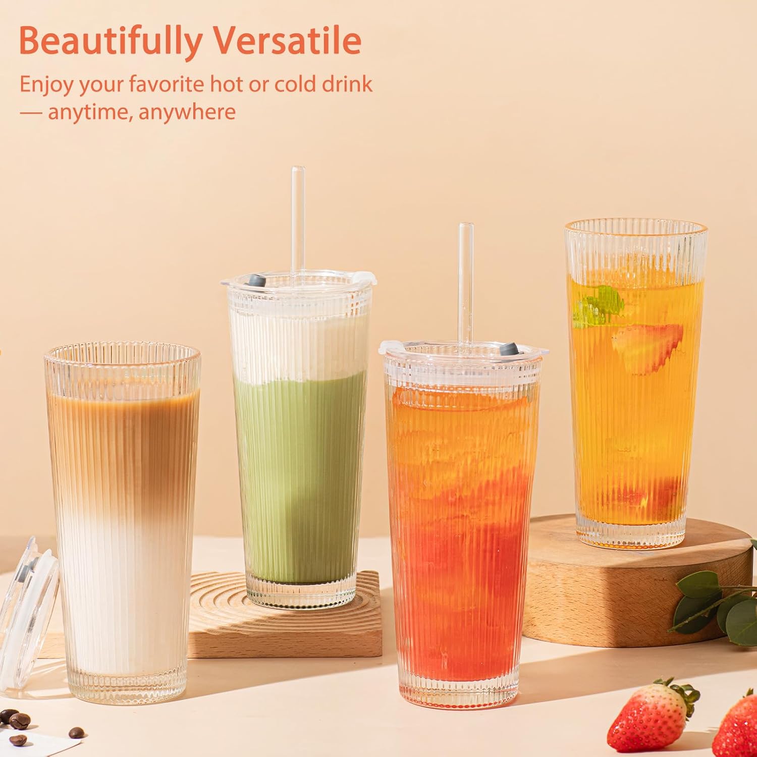 16oz Ribbed Glass Tumbler with Lid and Glass Straw – Set of 4 Glass Cups with Lids and Straws for Coffee, Smoothies, Cocktails and More, Reusable Iced Coffee Cups for Daily Use and Travel - Image 2