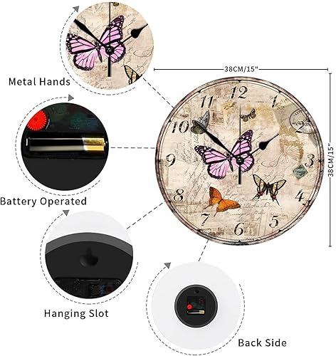 Miniatura 2 de Reloj de pared de madera, estilo vintage, mariposas florales, silencioso, funciona con pilas, reloj de pared redondo de estilo antiguo y elegante,