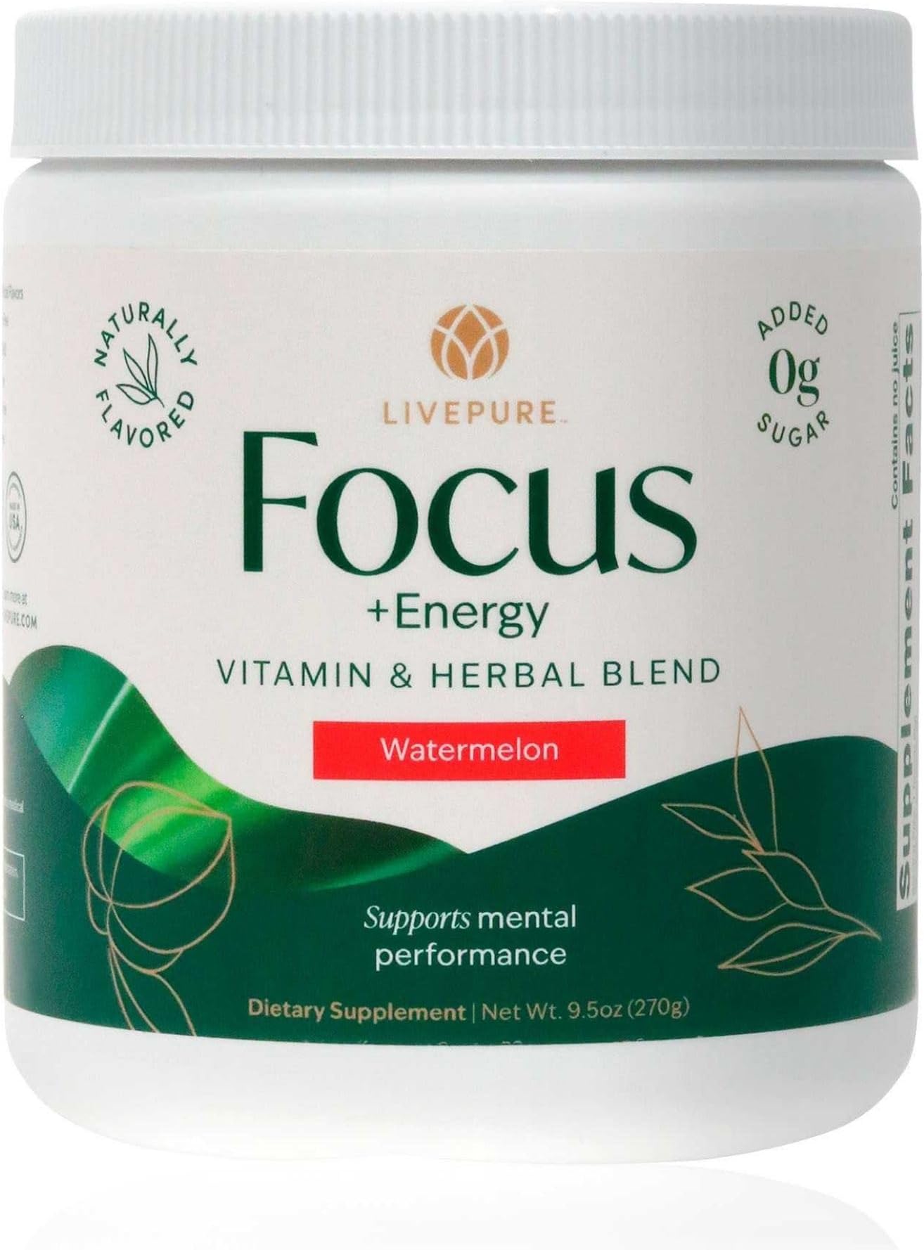 - PURE Focus + Energy Tub Drink Mix | Natural Caffeine & Antioxidants from Botanicals | Supports Alertness, Clarity & Energy | Zero Sugar, No Artificial Sweeteners | 9.5 oz | Watermelon Flavor