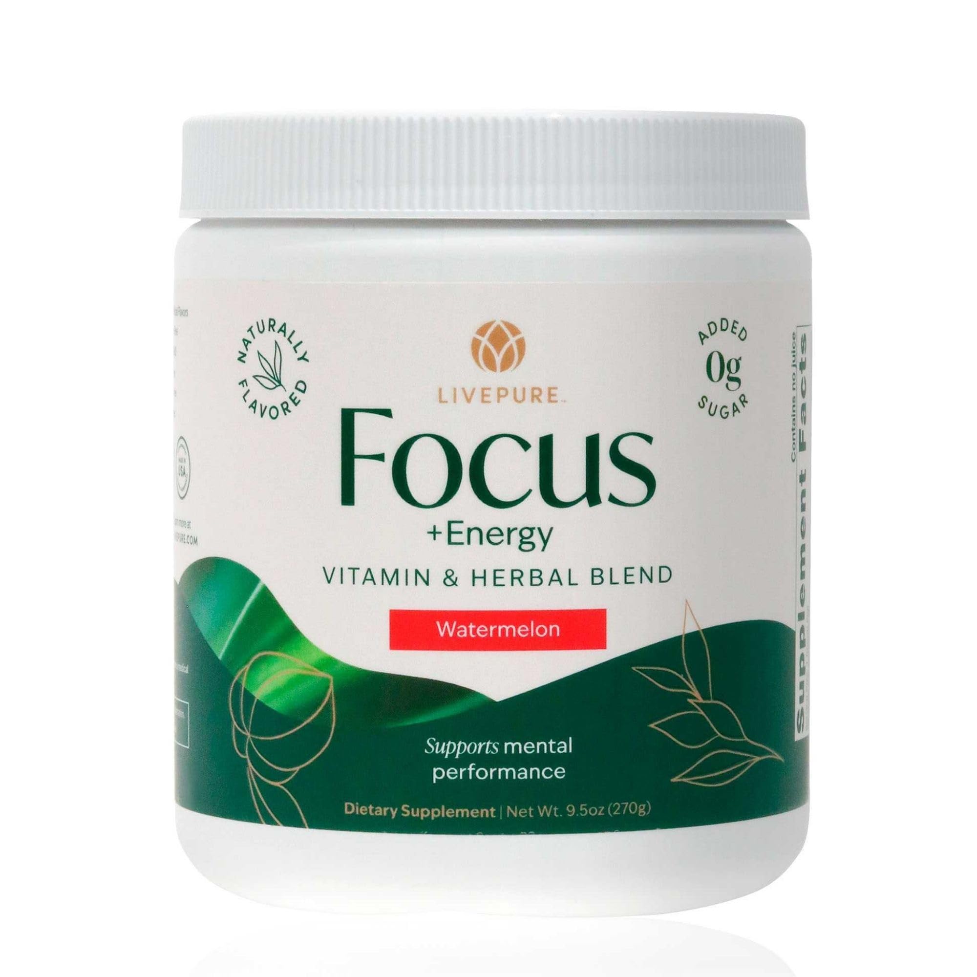 PURE Focus + Energy Tub Drink Mix | Natural Caffeine & Antioxidants from Botanicals | Supports Alertness, Clarity & Energy | Zero Sugar, No Artificial Sweeteners | 9.5 oz | Watermelon Flavor