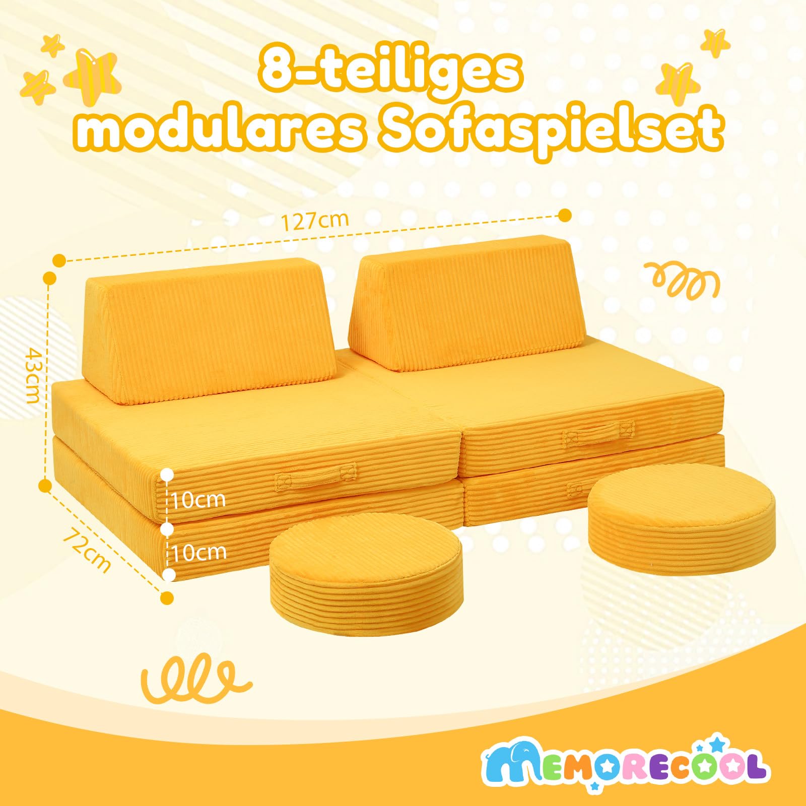 MeMoreCool Sofá de juego para niños, 8 piezas de pana modular para sala de juegos, sofá plegable para bebé, sofá de espuma convertible para niños y niñas, color amarillo