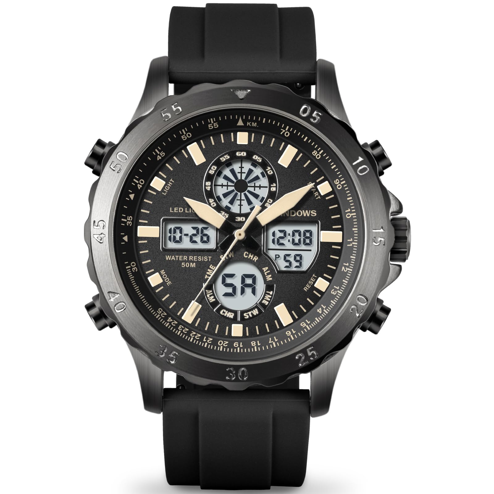 PINDOWS Herrenuhren, bis 30 m wasserdicht, militärische Digitale Analoguhr, Outdoor-Sportuhr, multifunktionale Lederarmbanduhr mit Dualzeit, LED-Hintergrundbeleuchtung, Alarm, Stoppuhr und Kalender