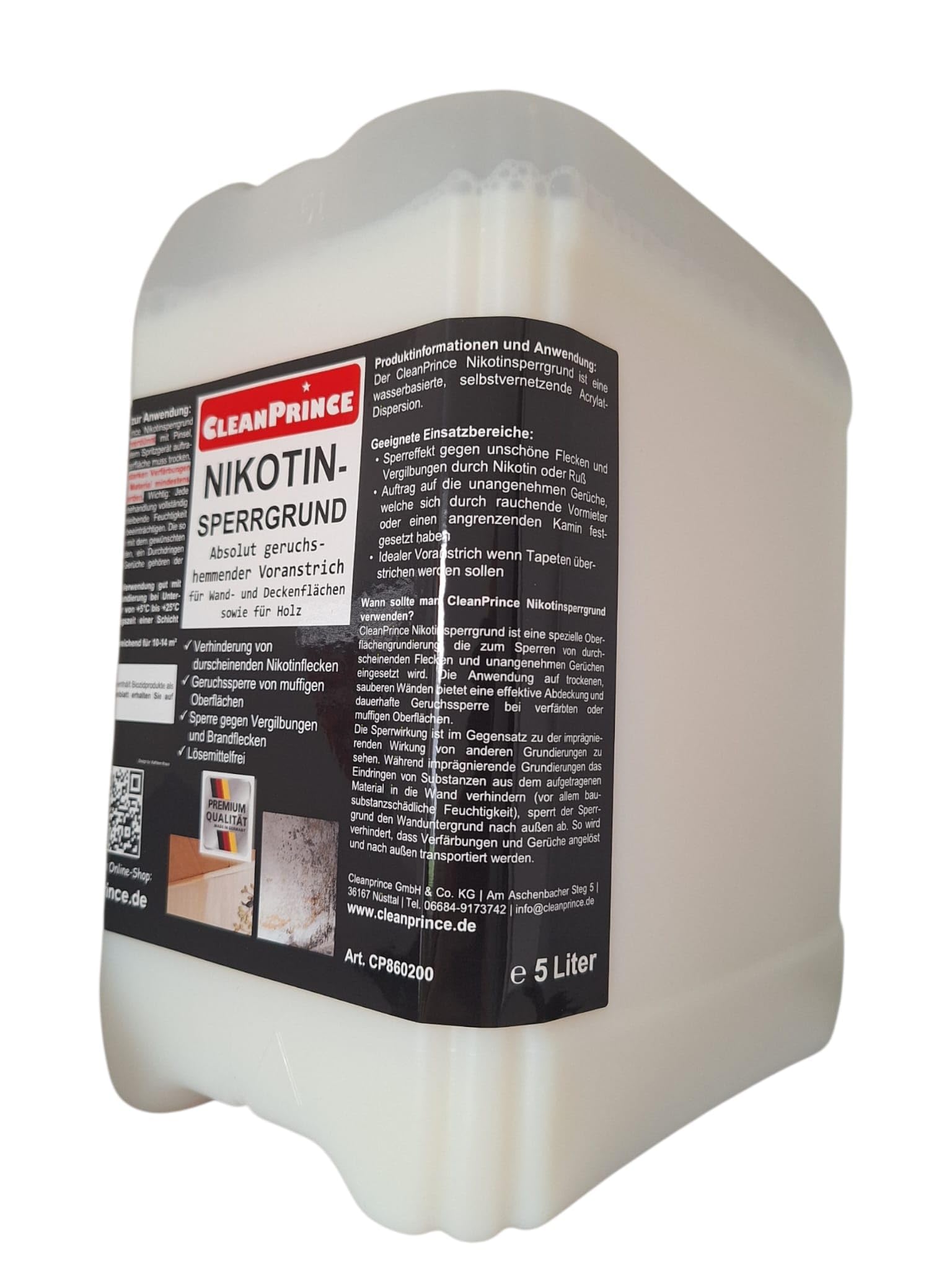 CleanPrince Nikotin-Sperrgrund 5 Liter | Voranstrich Sperrgrundierung Lösemittelfrei Geruchssperre Sperrgrund für Wand- und Decken sowie Holz | keine Farbe