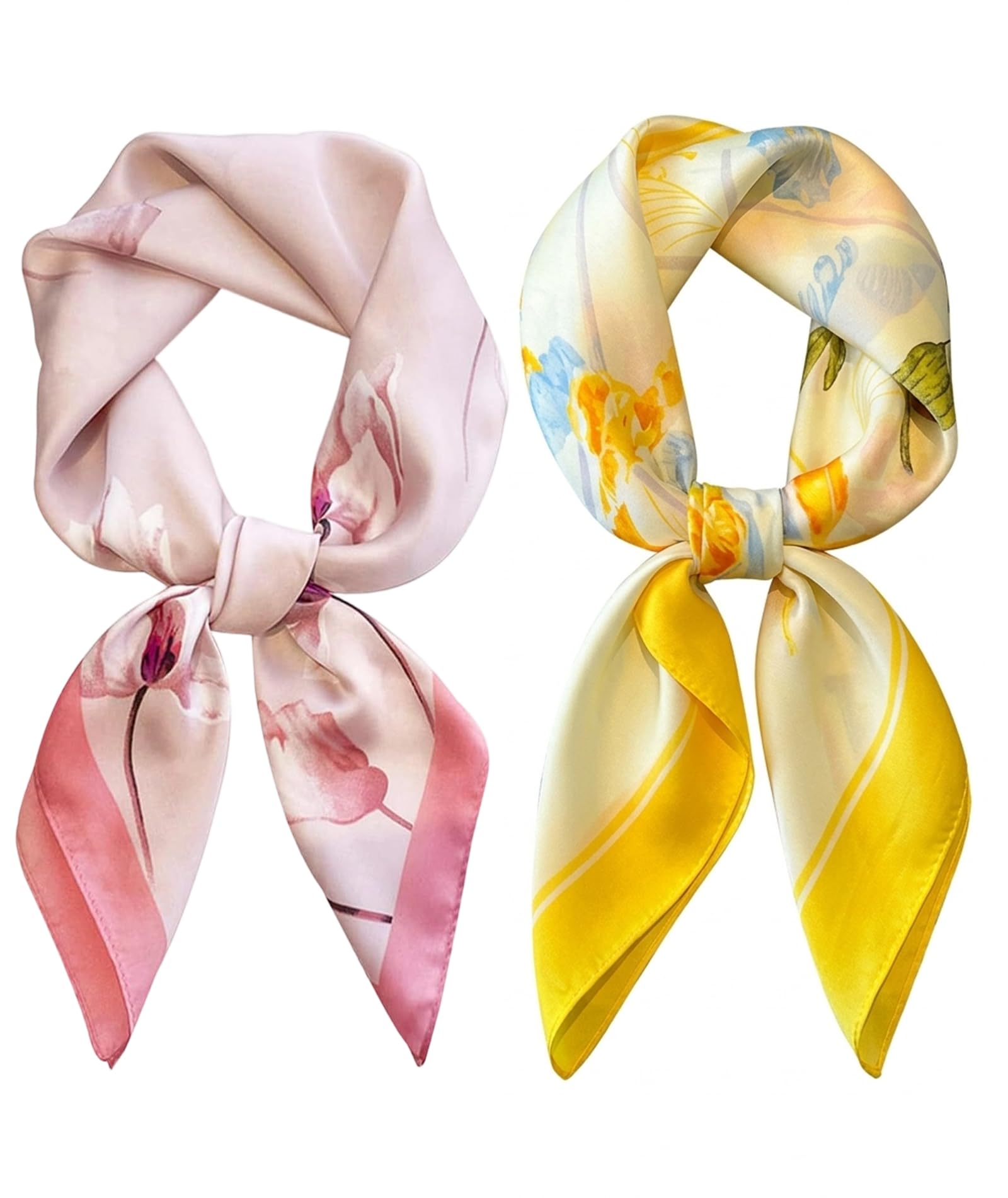 2Pcs Scarf for Women Stylish, Square Lightweight Satin‑Feel Hair Scarf, Yellow and Pink Floral Print Polyester Neckerchief for Women, Headscarf for Hair Wrap, Purse & Neck-image-18