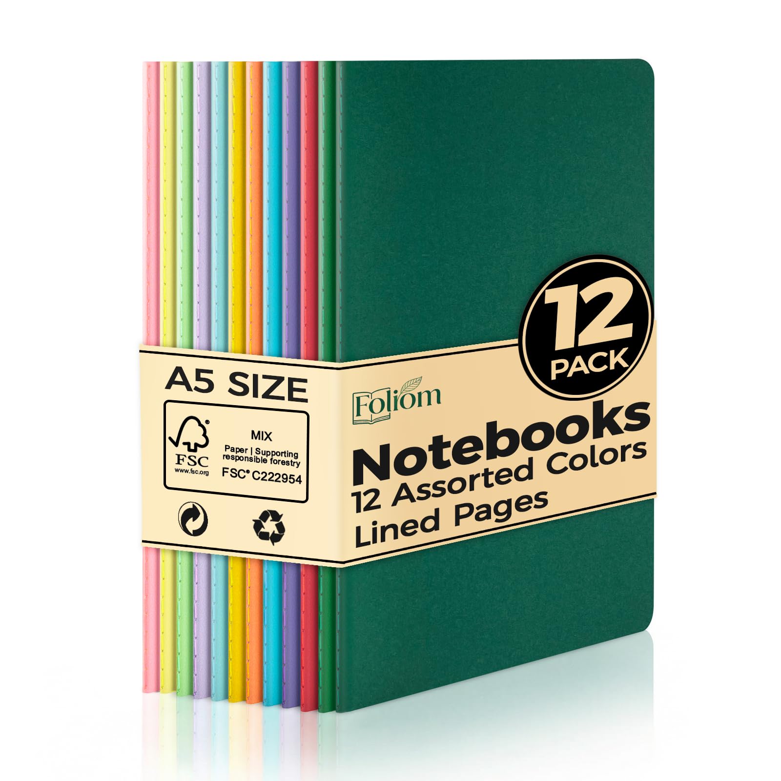 Foliom 12 Pack A5 Lined Colorful Kraft Notebooks, 60 Pages, 230g Thick Cover, 8.3x5.5 Inches Softcover Journal Bulk for School, Office & Travel, 12 Colors