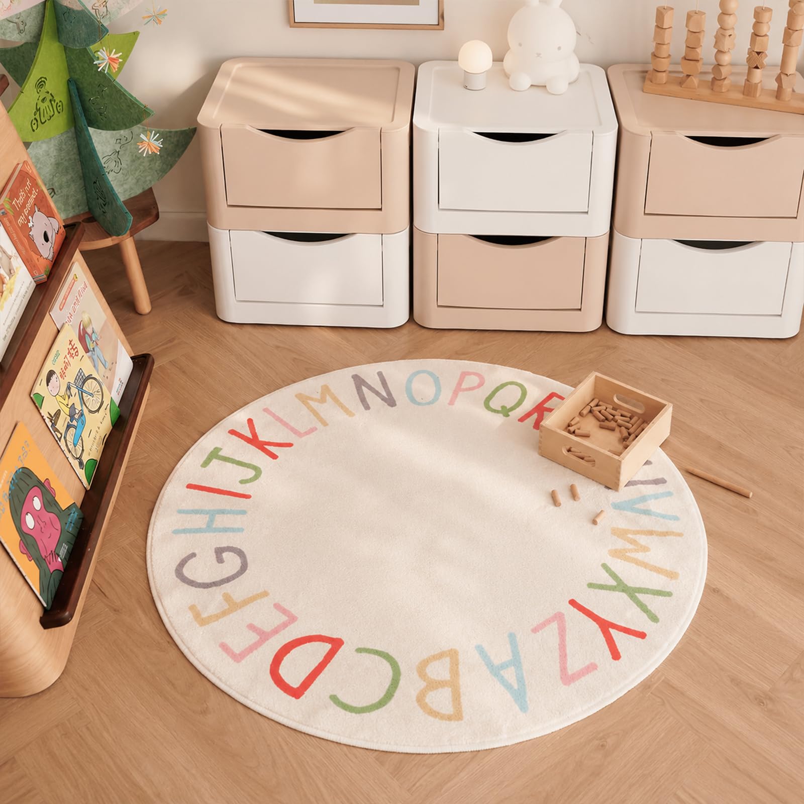 SHIPKEY Tappeti per camerette, tappeti da gioco rotondi per bambini, tappeti alfabetici colorati, tappeti per camerette per bambini, tappeti antiscivolo, tappeti per il soggiorno (120x120cm)
