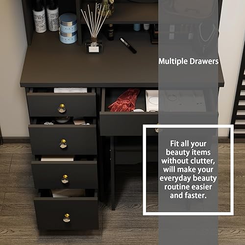 Miniatura 32 de FUFU&GAGA Juego de tocador blanco con espejo redondo iluminado, tocador de maquillaje con 5 cajones, estantes, tocador y taburete acolchado