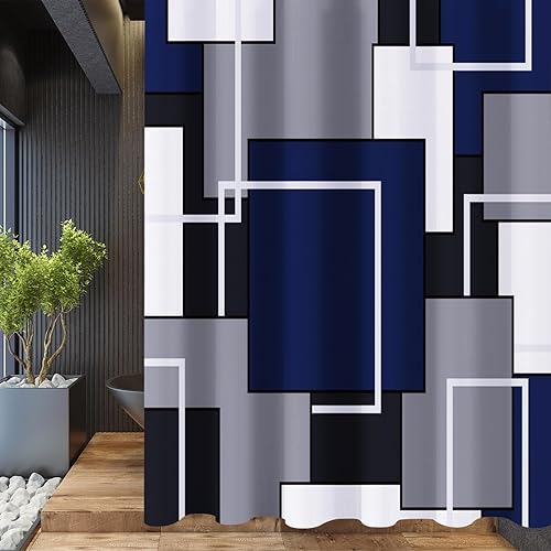 Miniatura 7 de Cortina de ducha azul marino para baño, juego de cortinas de ducha modernas geométricas abstractas azules, cortina de ducha cuadrada blanca,