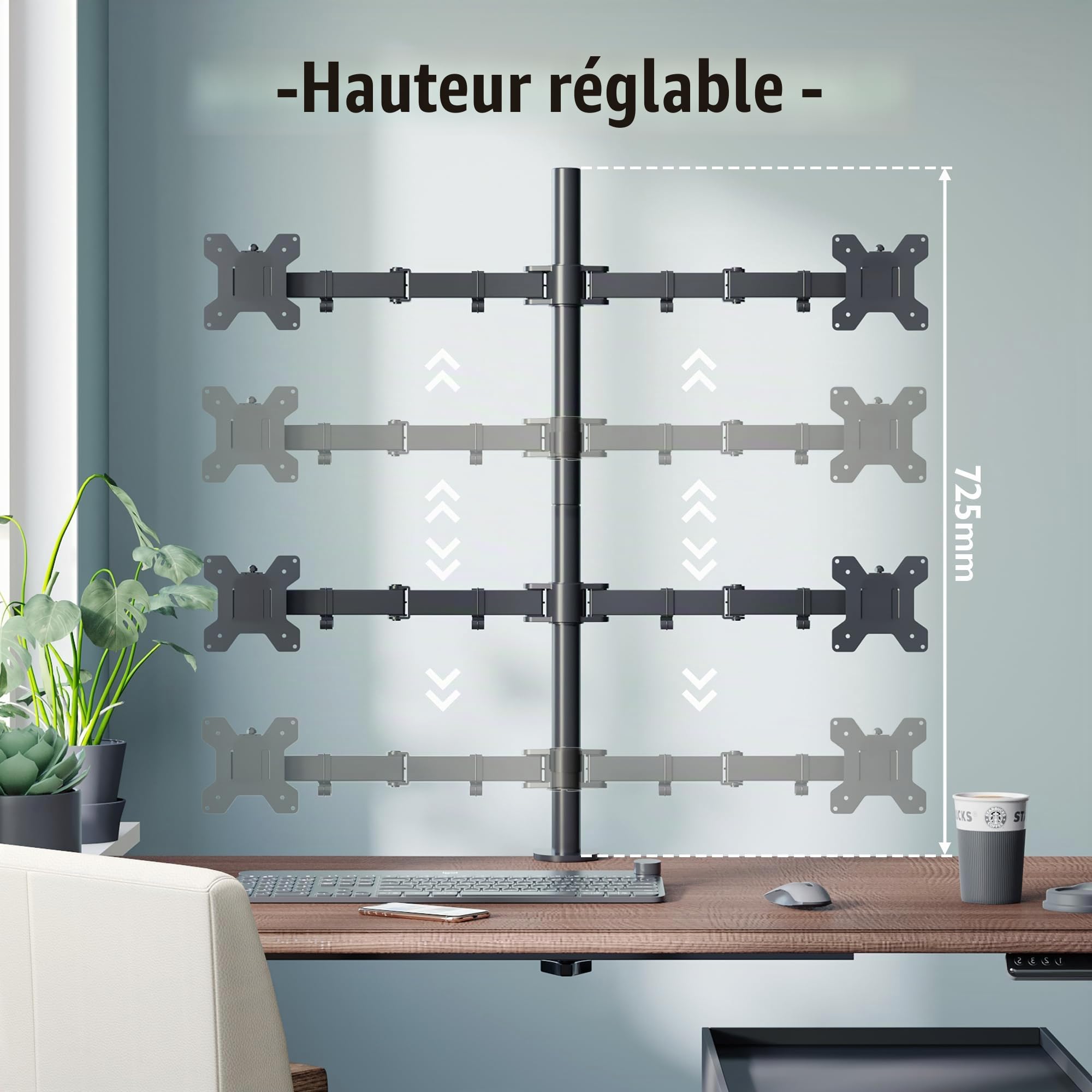 BONTEC Support Ecran PC Support de Bureau à Quatre Bras pour LCD LED Ecran de 13-27 Pouces, Bras Ecran PC Réglable en Hauteur, Inclinable et Pivotant, Charge Maximale de 10kg par, VESA 75/100 mm