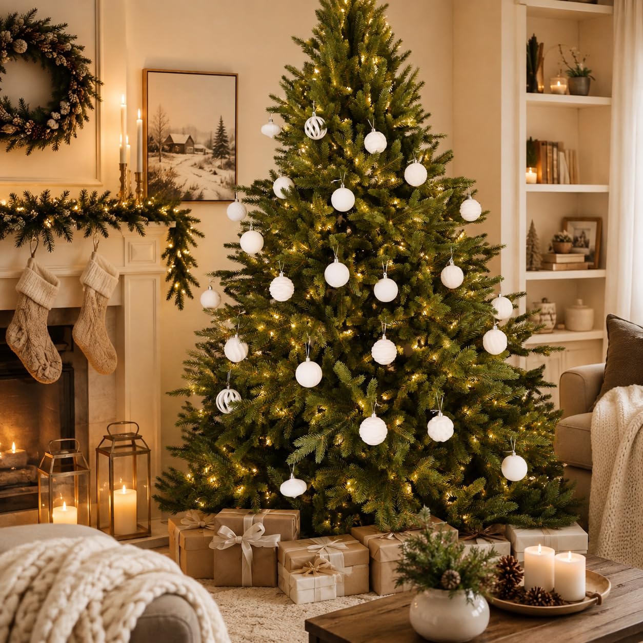 24 palline di Natale in velluto color crema, decorazioni per albero di