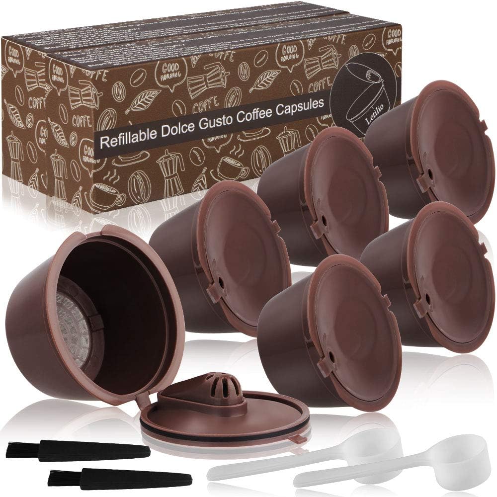 Letilio Coffee Capsules Latest Generation Reusable Refillable 6 pcs, with 2 Plastic Spoons and 2 Cleaning Brush（More widely Used）