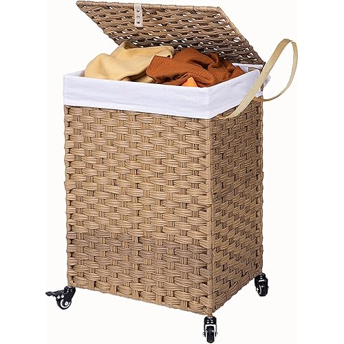 Crehomfy Laundry Hamper with Wheels, Synthetic Rattan Wicker Handwoven Laundry Basket with Lid and Handle, Foldable Dirty Clothes Hamper for Laundry Room, Bedroom Natural（One Section 90L）