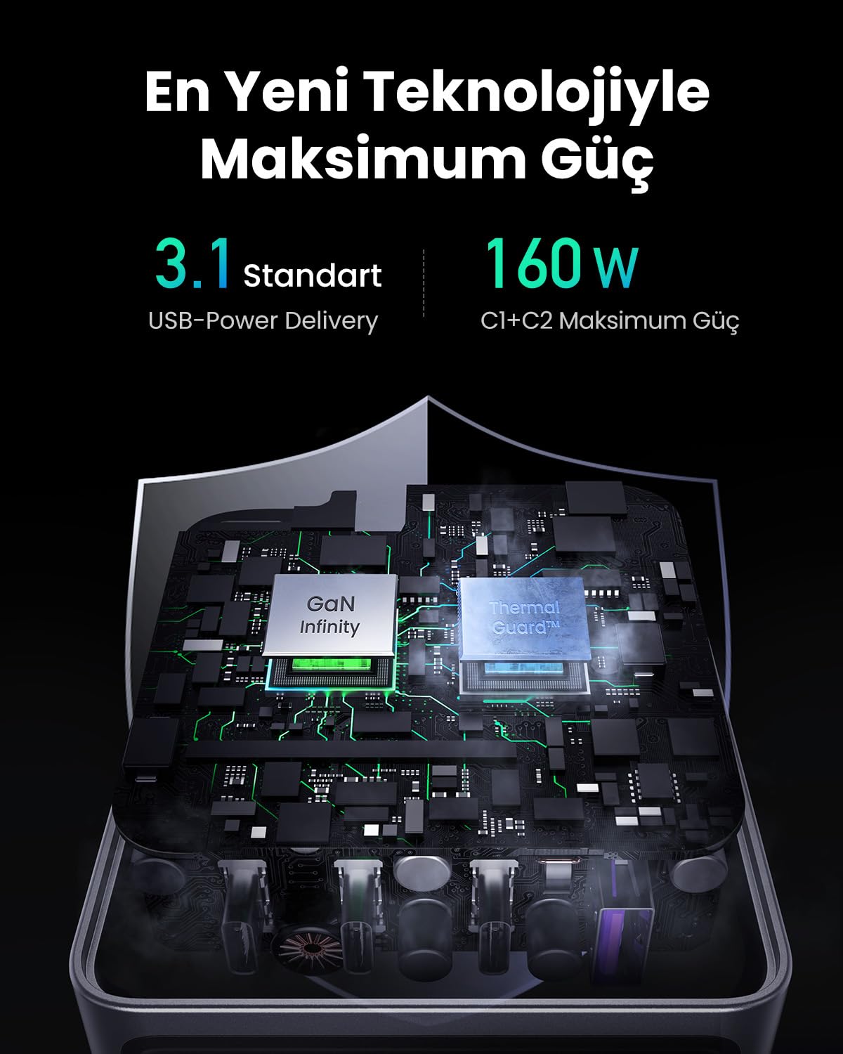 UGREEN Nexode Pro 160W GaN Charger with USB-C Cable Universel Noir, Gris Secteur Charge rapide Intérieure