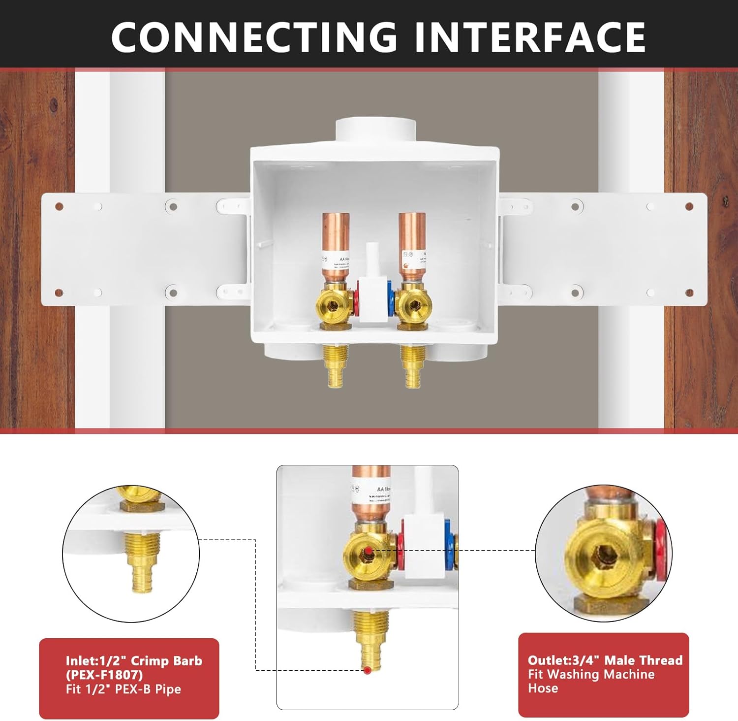 EFIELD Double Drain Washing Machine (Laundry) Outlet Box,1/2-inch Crimp Pex F1807 Inlet, Single Control Valve, Copper Water Hammer Arrestor,(WM016)