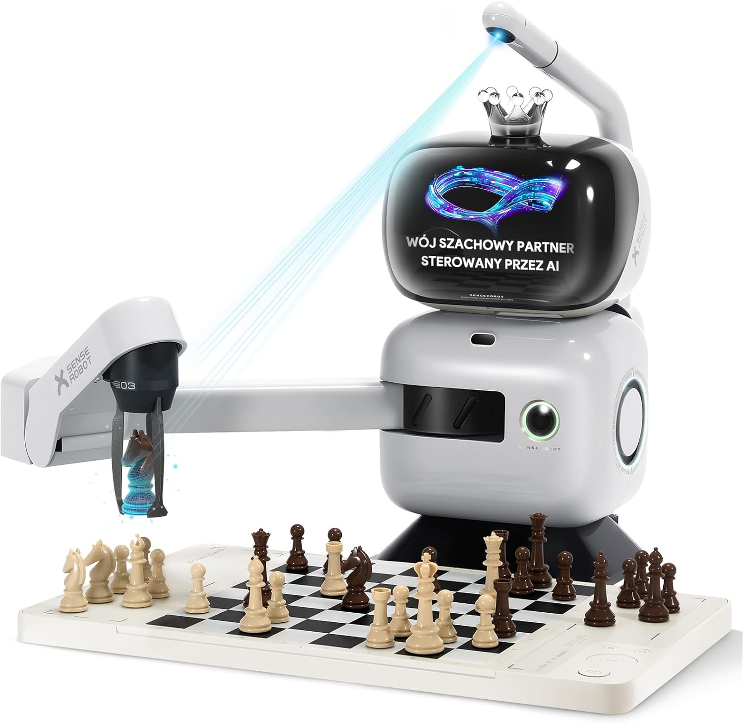 Sense Robot AI Chess Robot with Robotic Arm Electronic Computer Chess Board– 25 AI Levels, 1200+ Exercises, Endgame Trainer, Classic Game Replay, Voice Coaching, Lichess Integration