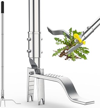 Stainless Steel Stand Up Weed Puller Tool with Long Handle, Thickened 304 Stainless Steel Foot Pedals & 2-Claw Head, Weeding Weed Remove Tool for Lawn/Yard