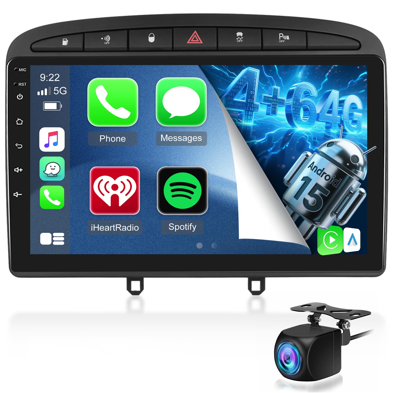 NHOPEEW 4+64G Radio Voiture pour Peugeot 308/408 2007-2013 - Radio Android 9 Pouces avec sans Fil Carplay et Android Auto - Mirror Link 32EQ DSP Écran Divisé + Caméra de Recul & Microphone
