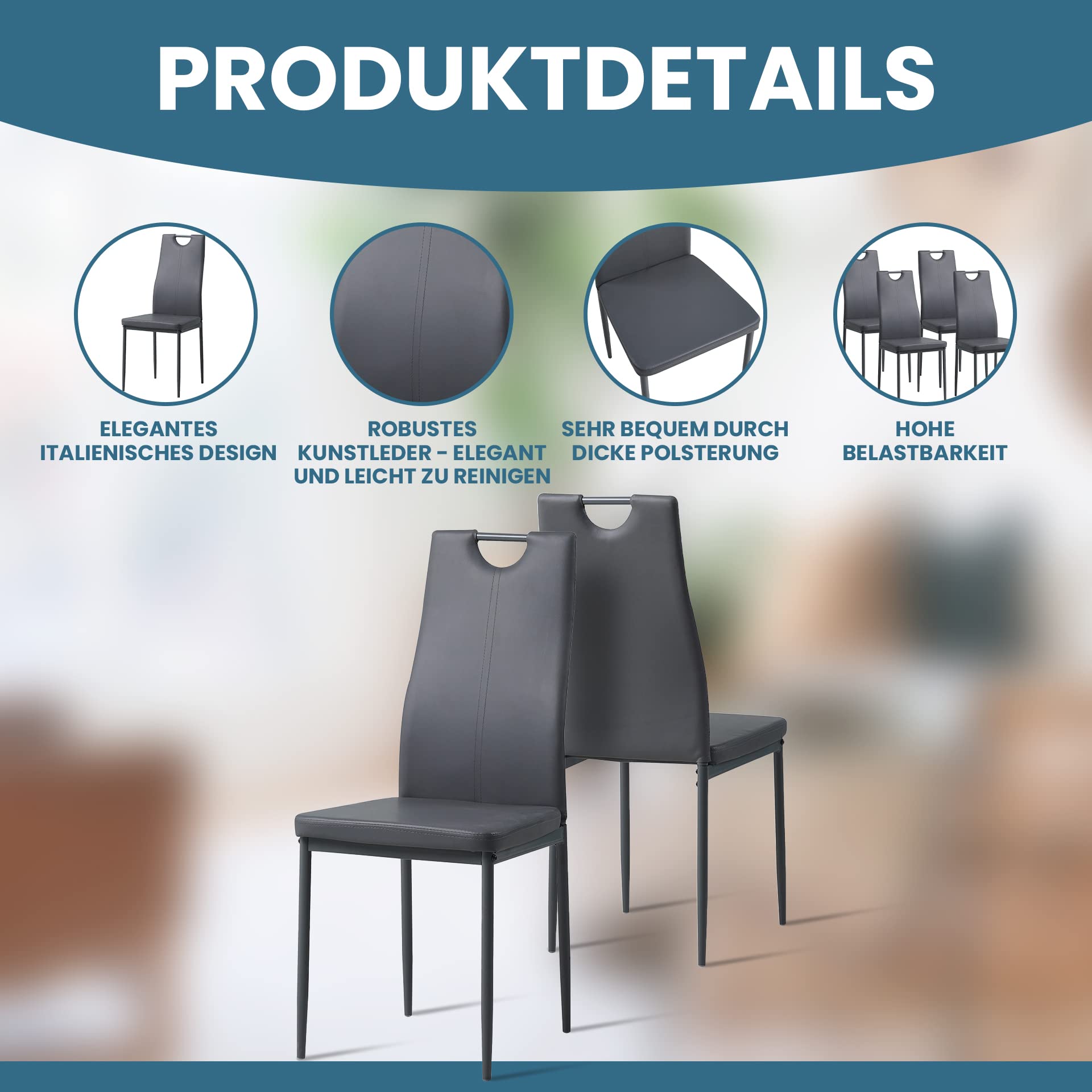ALBATROS Esszimmerstühle 4er Set Salerno, Grau - Edles Italienisches Design, Kunstleder-Bezug, bequemer Polsterstuhl - Moderner Küchenstuhl, Stuhl Esszimmer oder Esstisch Stuhl