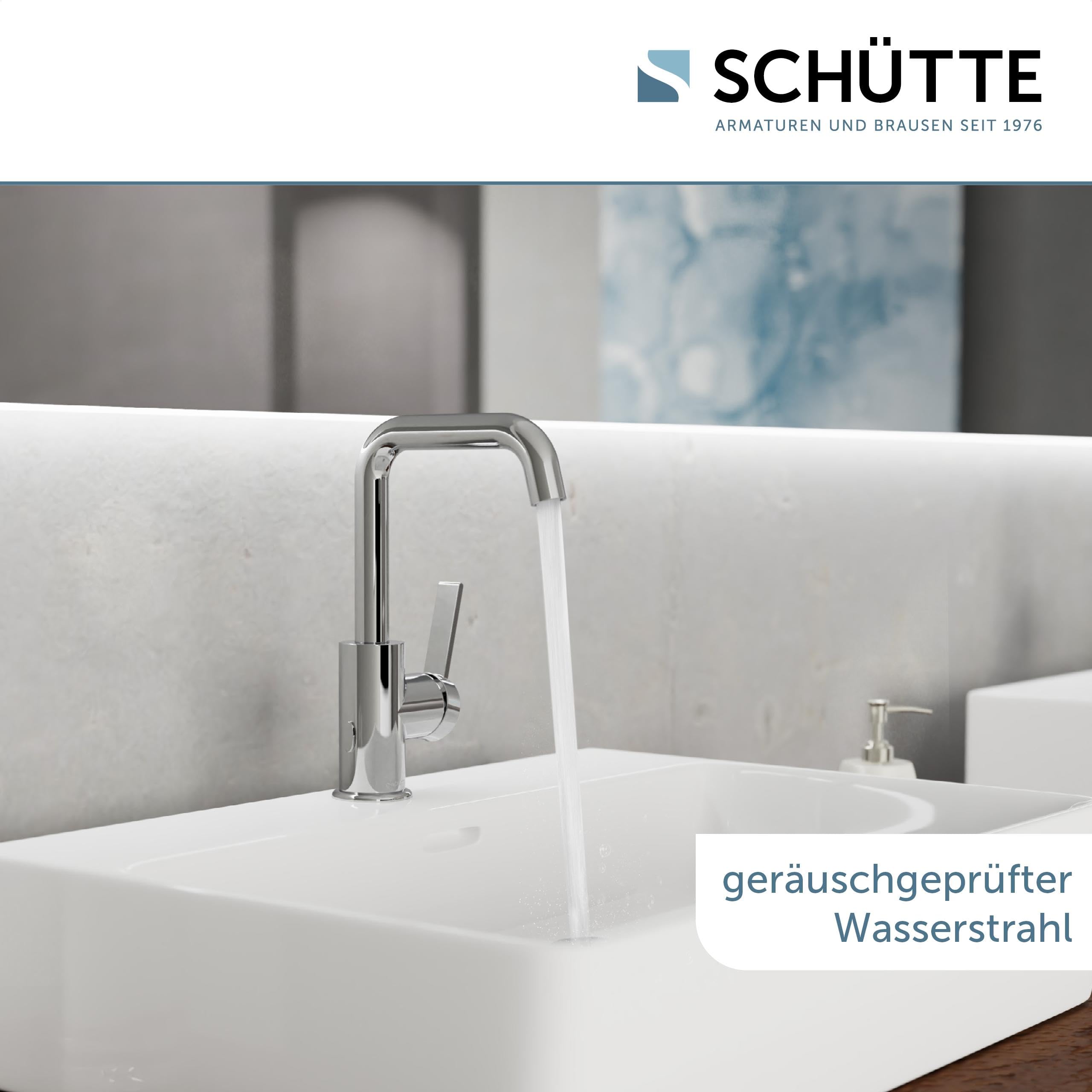 SCHÜTTE 33120 Waschtischarmatur LOS ANGELES mit hohem Auslauf, Wasserhahn für das Bad mit Pop-Up Exzenter, Waschbeckenarmatur hoch, Badarmatur mit Einhebelmischer, Mischbatterie in Chrom