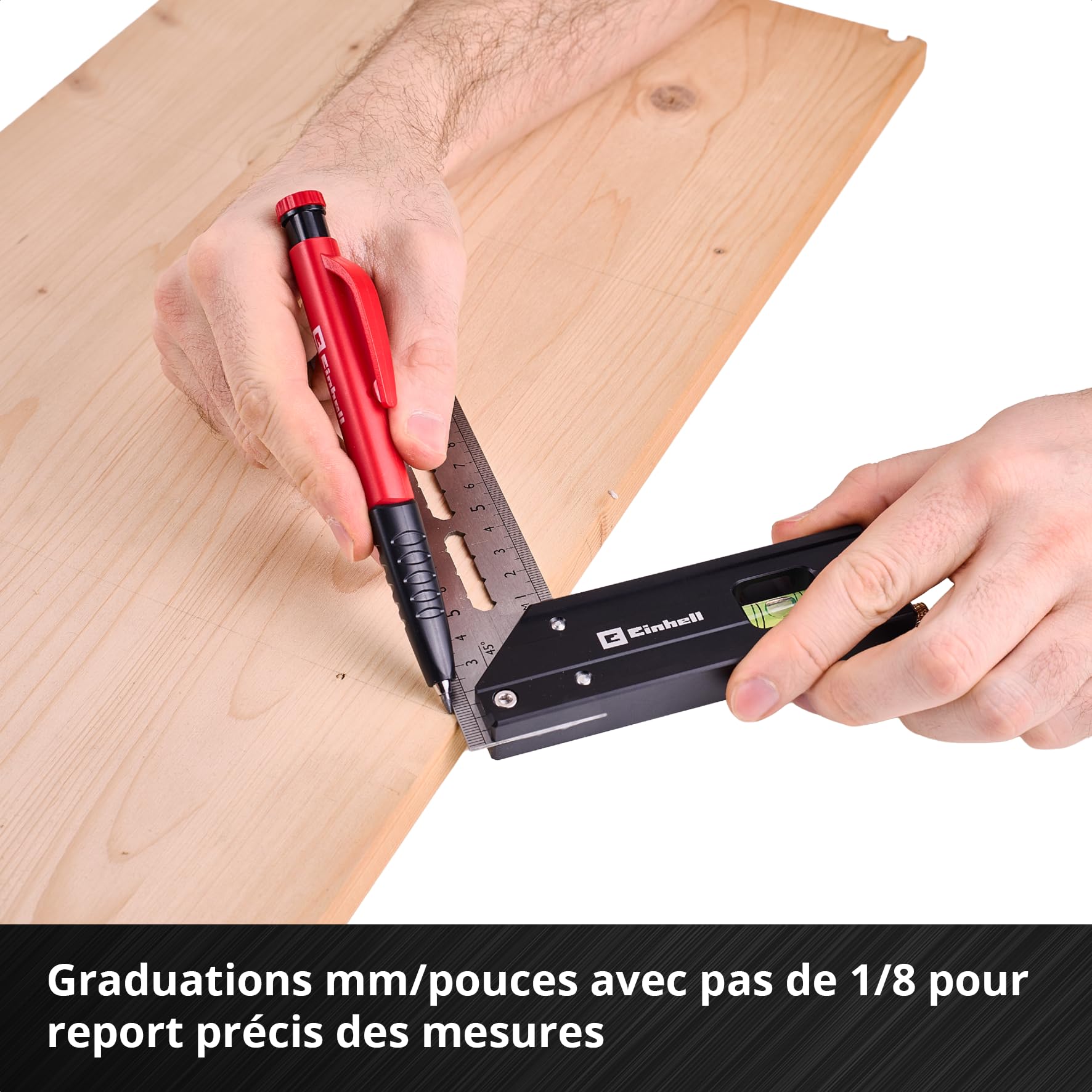 Einhell 2 pièces jeu d’équerres de butée, 200/400 mm | Angles de 90° / 45° | graduations mm / pouces | fiole | trusquin | ouvertures de traçage | profilé en aluminium | porte-mine