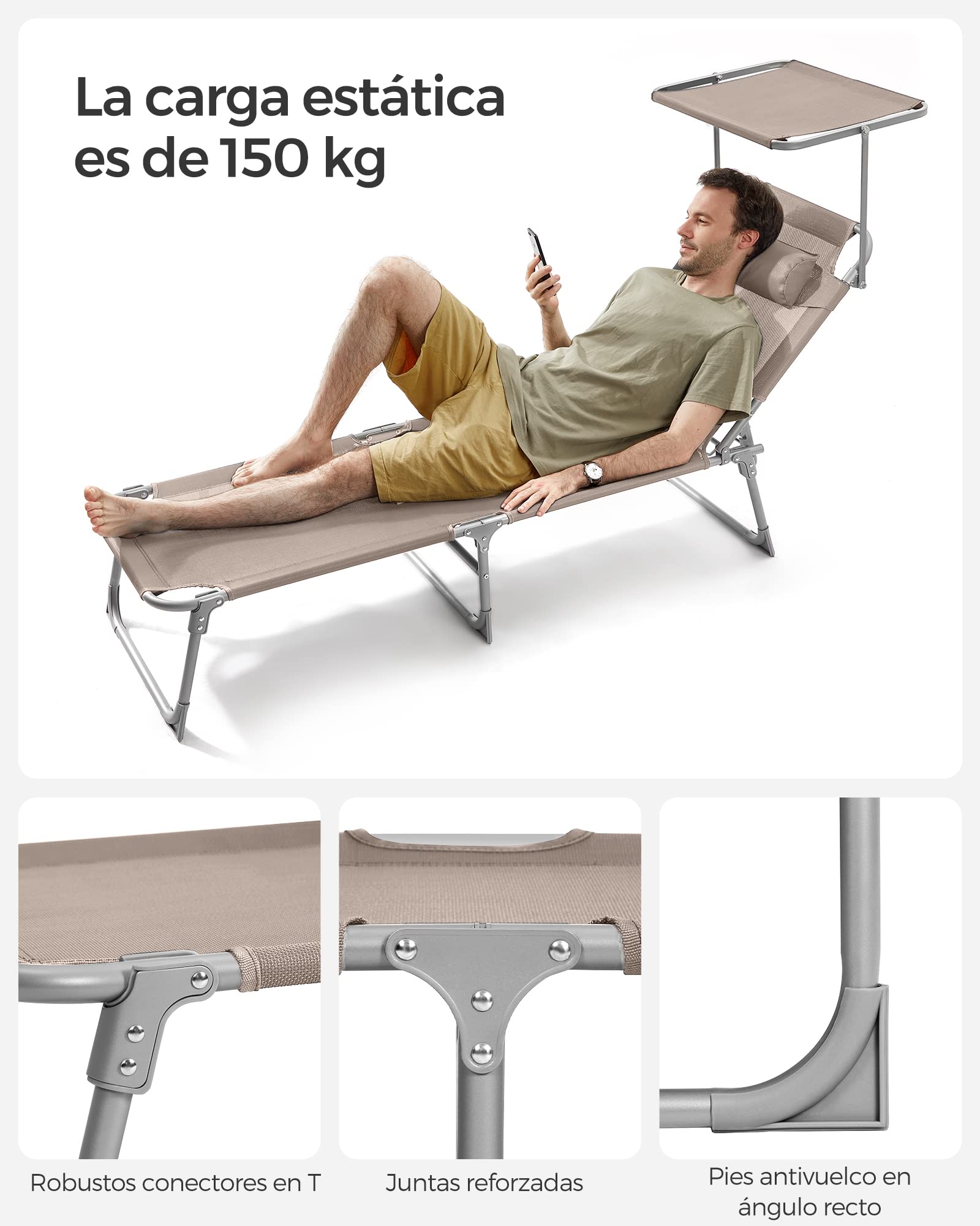 SONGMICS - Tumbona Plegable, Tumbona, 193 x 53 x 29 cm, Capacidad de Carga 150 kg, con Parasol y Respaldo reclinable, para jardín, Piscina, terraza, Color Topo GCB192K01