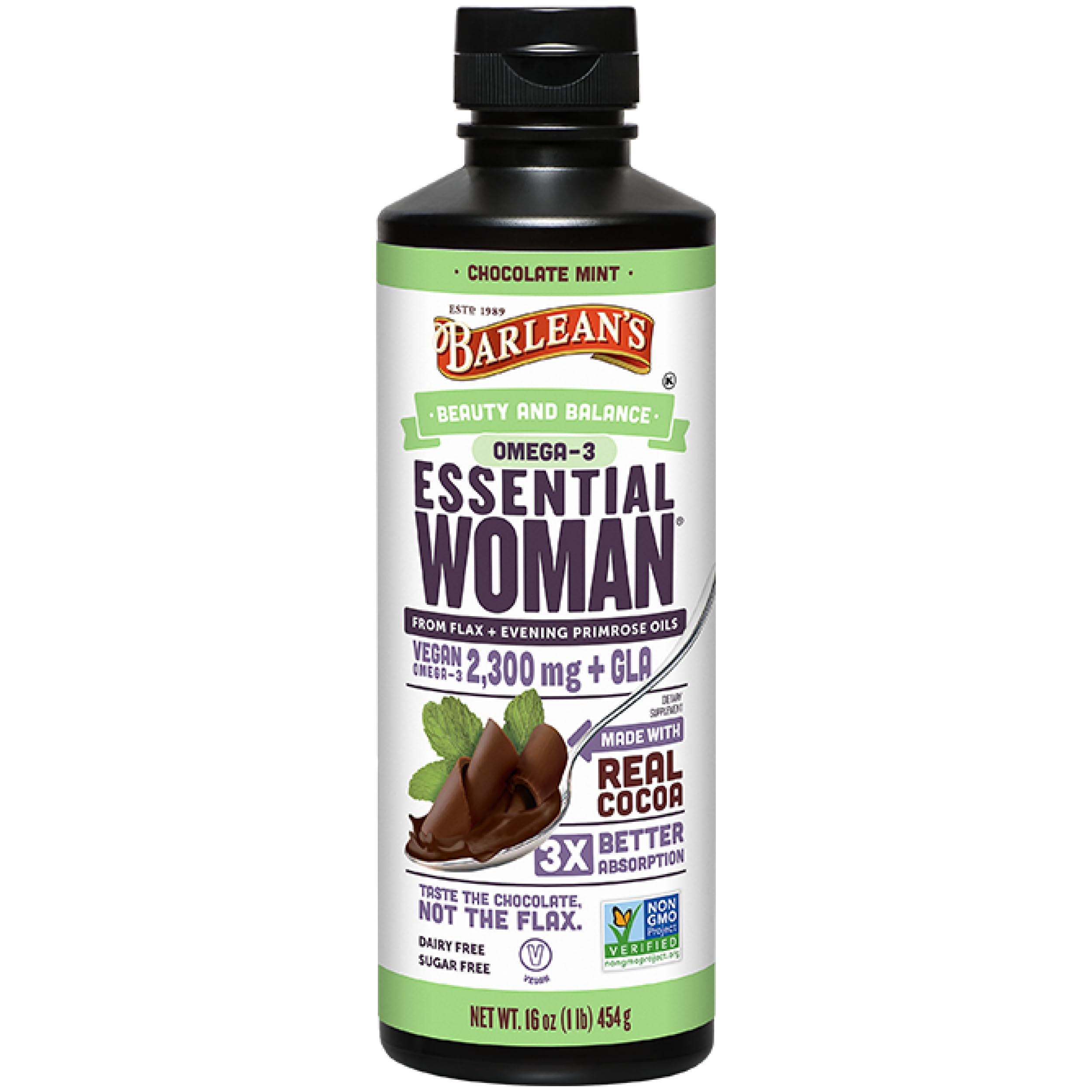 Essential Woman Chocolate Mint Liquid Supplement from Flaxseed, Evening Primrose Oil & Soy Isoflavones, Omega 3 6 9 and GLA, Hormonal Balance & Healthy Hair and Skin, 16 oz