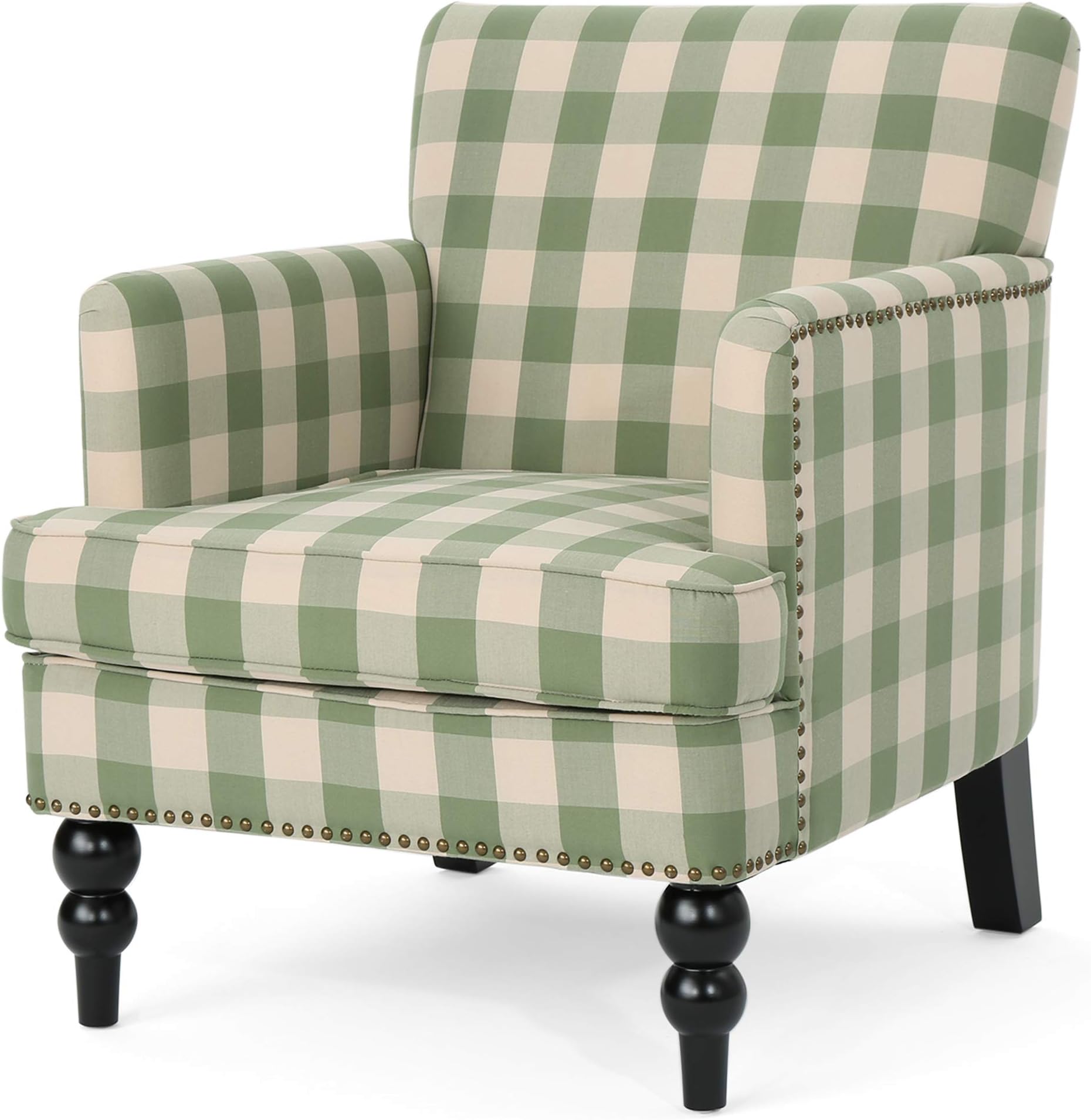 Great Deal Furniture Eve Tufted Fabric Club Chair, Green Checkerboard, 32D x 28.75W x 34.5H in