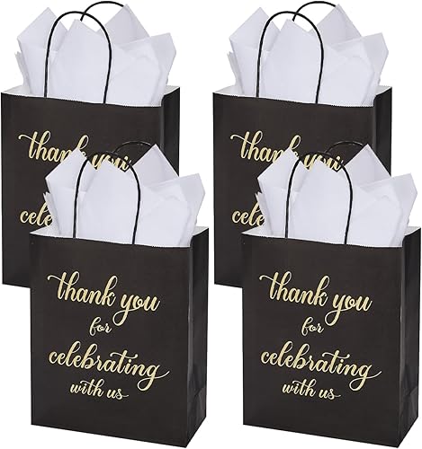 Miniatura 8 de DjinnGlory Paquete de 50 bolsas negras de regalo de bienvenida de tamaño mediano con papel de seda de 10 x 8 x 4 pulgadas, bolsas de agradecimiento