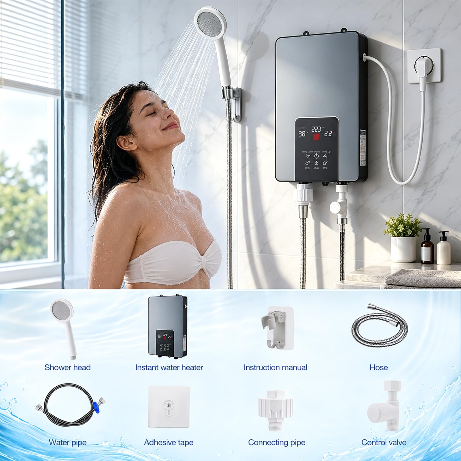 Mini calentador de agua, 6000 W, calentador de agua eléctrico sin depósito, con LED, regulador electrónico, resistente al agua y a las heladas, para cocina, baño, ducha y jardín