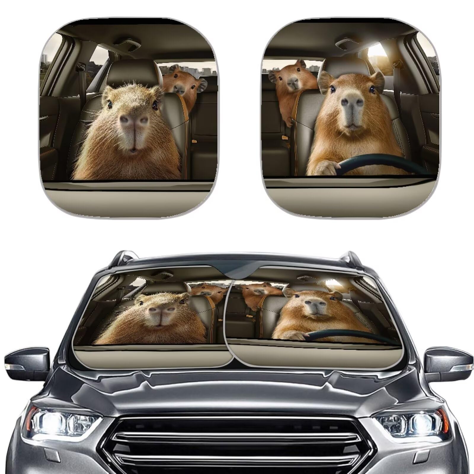 Aplkyhs Funny Capybara Car Windshield Sunshade 2 Piece Vehicle Front Window Sunshade UV Rays Reflector Sun Protector Sun Shade
