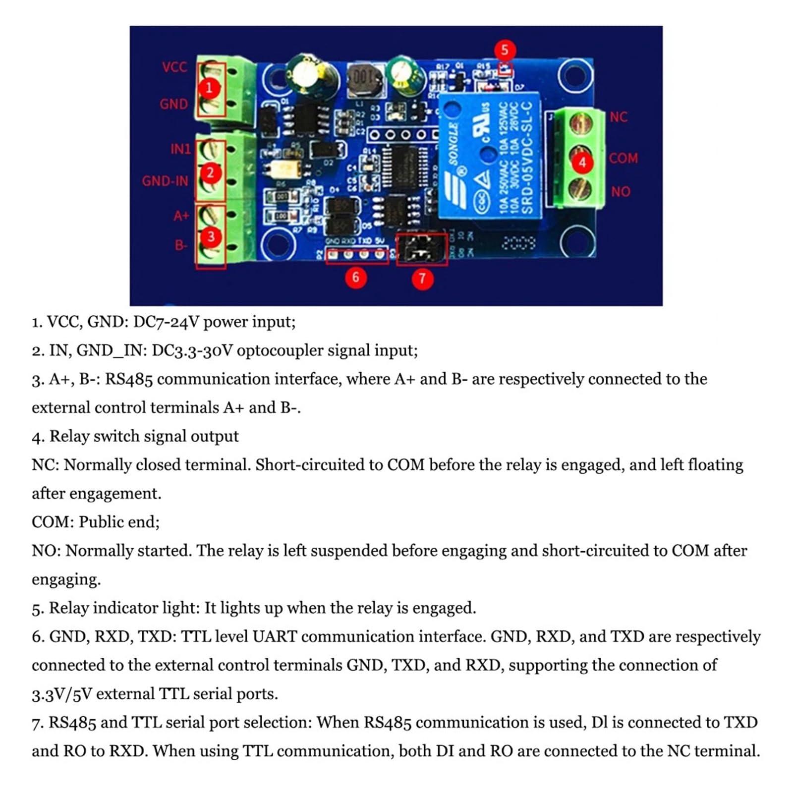 Modulo relè PLC Modulo relè Modbus RTU 1 canale Alimentazione DC7-24V RS485 TTL Uscita UART 485 Comunicazione TTL Pin Modbus-Rtu Anti-reverse