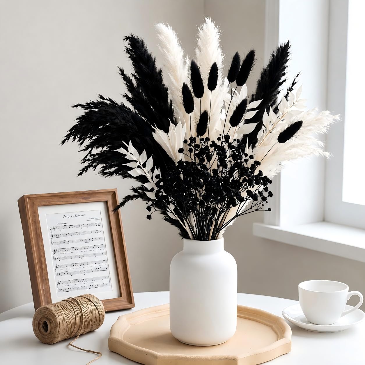 39 Pcs Black Pampas Grass Dried Flowers Bouquet, Boho Decor 44cm