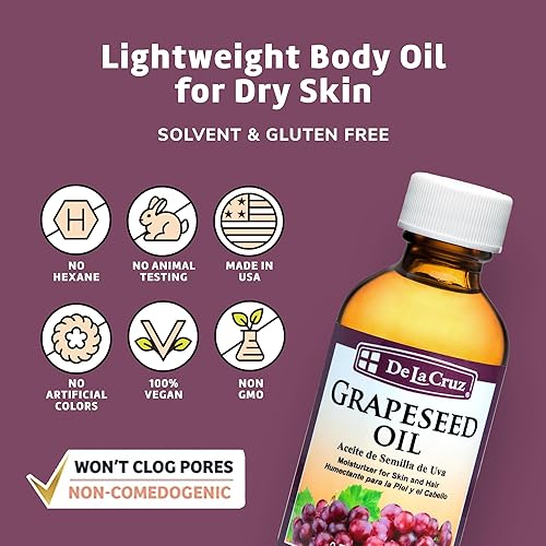 Miniatura 2 de De La Cruz Aceite de semilla de uva - Aceite de semilla de uva prensado con expulsor natural para piel y cabello - Aceite corporal ligero para piel