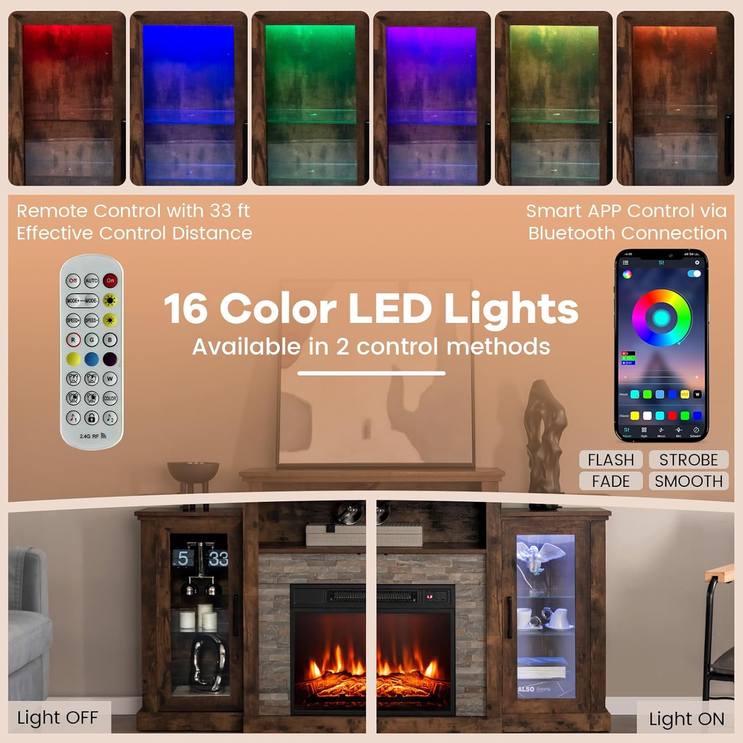 RELAX4LIFE 59" Fireplace TV Stand for 65" TVs, Entertainment Center w/18 Fire Place, LED Lights, APP & Remote Control, TV Console Table for Living Room, Electric Fireplace with Mantel (Rustic)