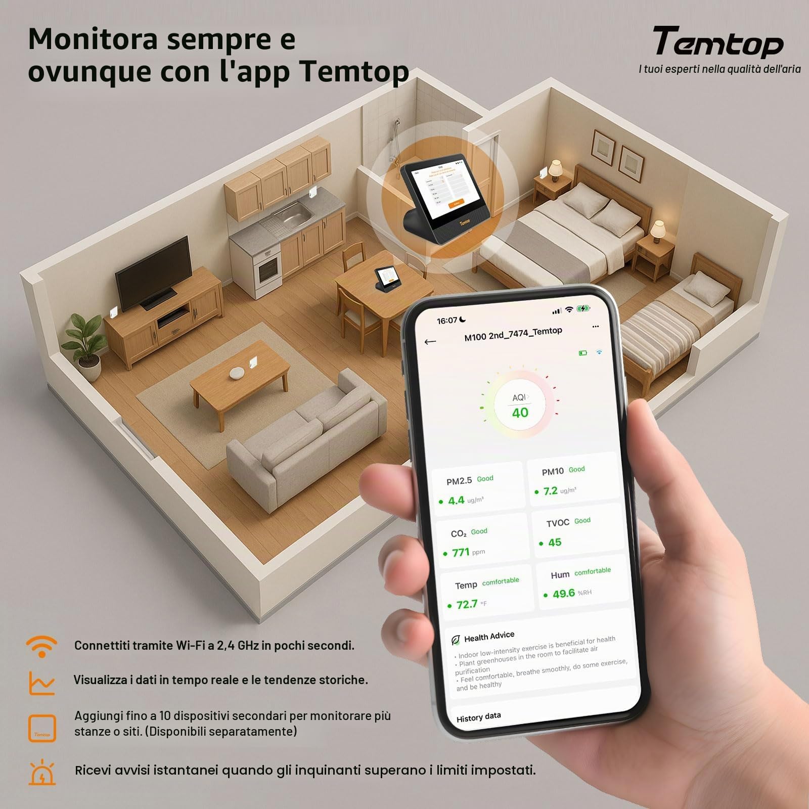 Temtop Monitor della Qualità dell'Aria WiFi, Touch Screen 7 Pollici, Rilevatore CO2 e Test di PM2.5/PM10/TVOC/Temperatura/Umidità per Interni M100 2nd