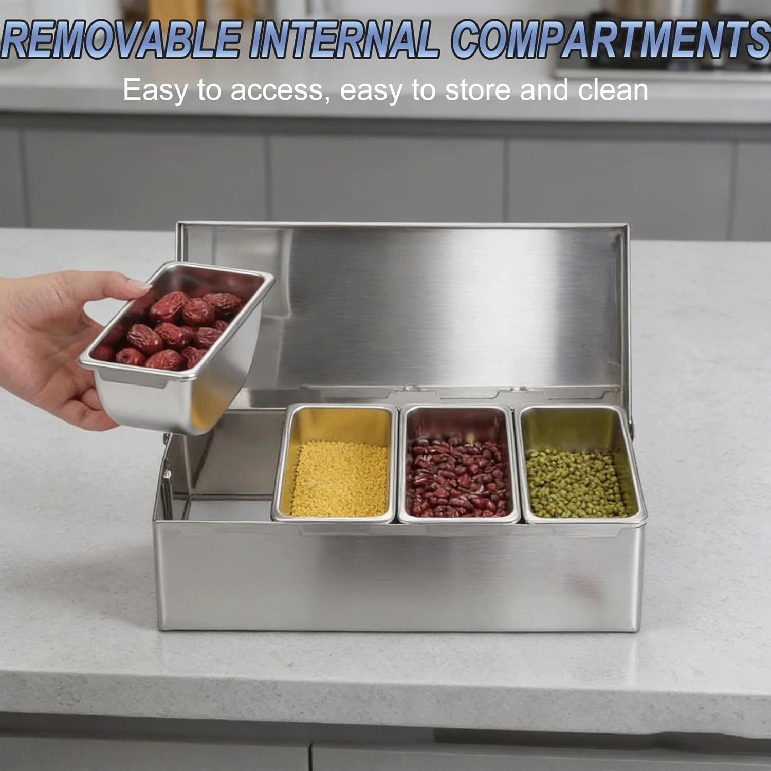 Stainless Steel Compartment Trays with Lid Pizza Ingredients Condiment Dispenser Meal Prep Box Condiment Dispenser Serving Container Garnish Tray(8 Trays)