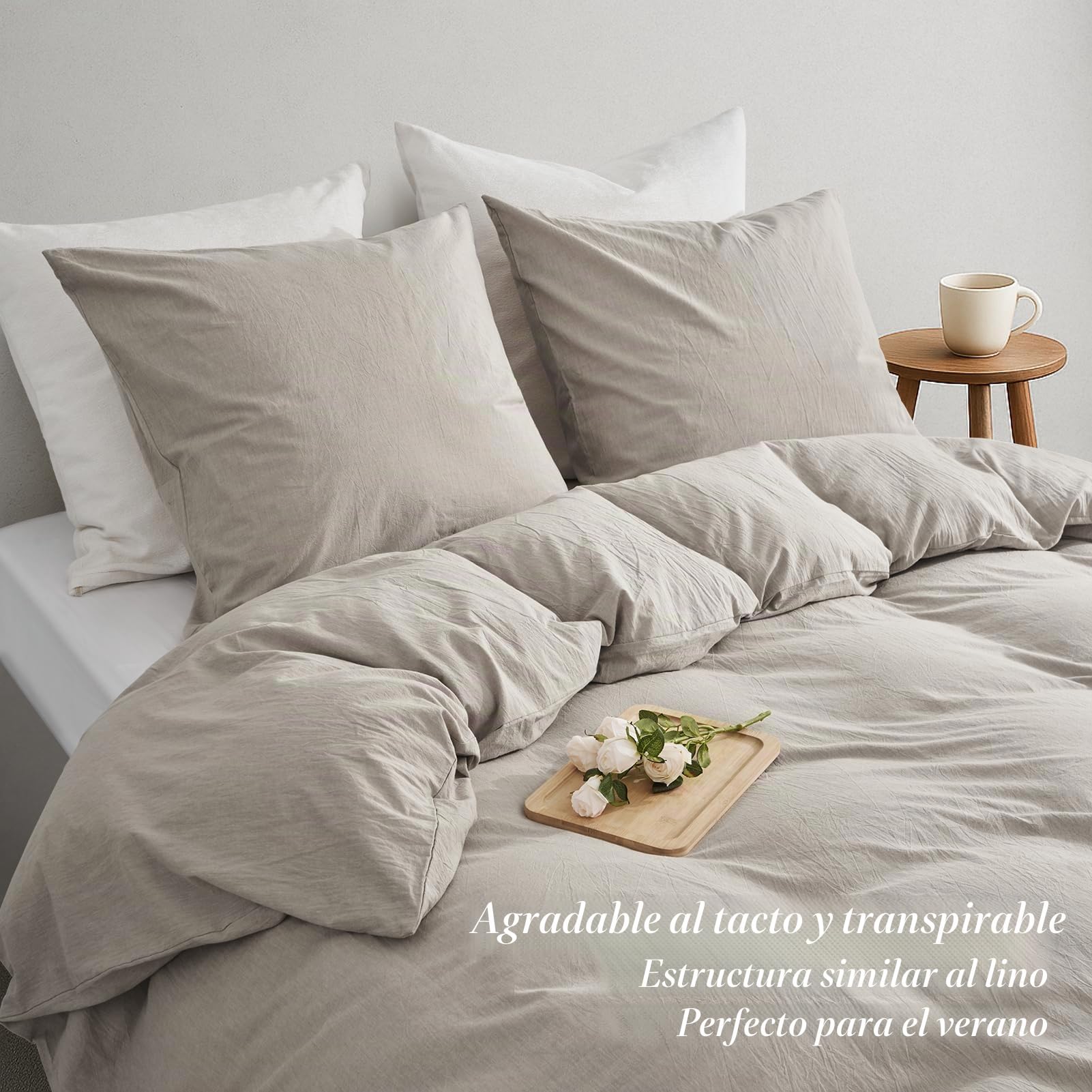 Funda Nórdica Cama 180 Lino,Algodón Lavado Súper Suave con Cremallera, Certificación Oeko-Tex 1 Funda de Edredón 240x220 + 2 Fundas de Almohada 80x80 cm