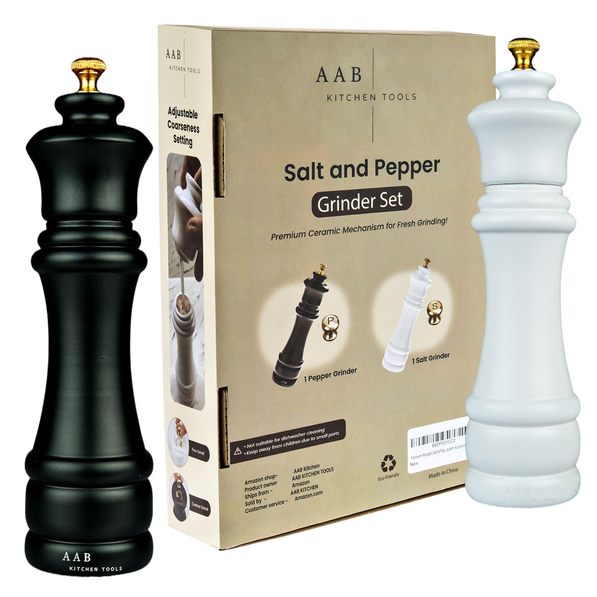 Wooden Black and White, Manual Refilable Large Salt And Pepper Grinder Set, Shaker with Adjustable Ceramic Grinding Mechanism for Customized Coarseness, 8 inches Large, Pack of 2
