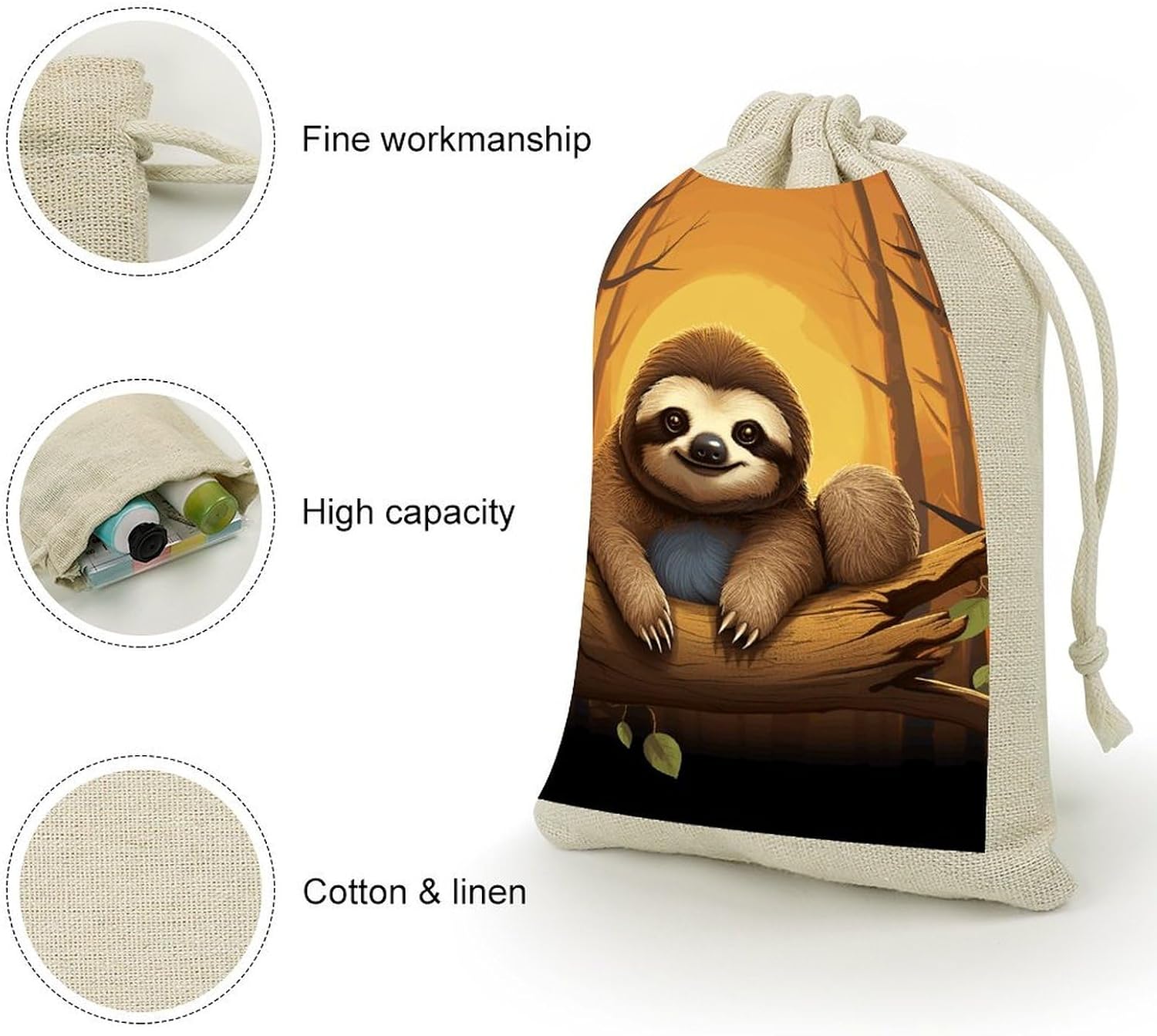 8 Pack Cute Funny Sloth Muslin Bags 5x7 Inch Cotton Linen Drawstring Pouches for Gifts Jewelry Wedding Favors Party Reusable Cloth Storage Sacks with Double Strings for Jewelry DIY Crafts image 3
