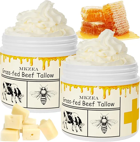 mkzea Beef Tallow for Skin, Beef Tallow, Tallow and Honey Cream, Grass Fed Beef Tallow, Whipped Beef Tallow for Face Moisturizer for All Purpose with Raw Honey Tallow Balm, 2 packs