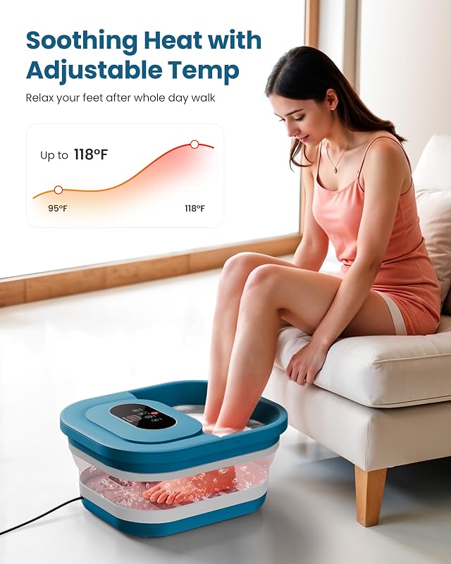 COMFIER Összecsukható Lábfürdő Masszírozóval - Shiatsu Görgők, Buborékos Vibráció, Fűtés 35-48°C, Időzítő, Pedikűr Habkő, Fekete