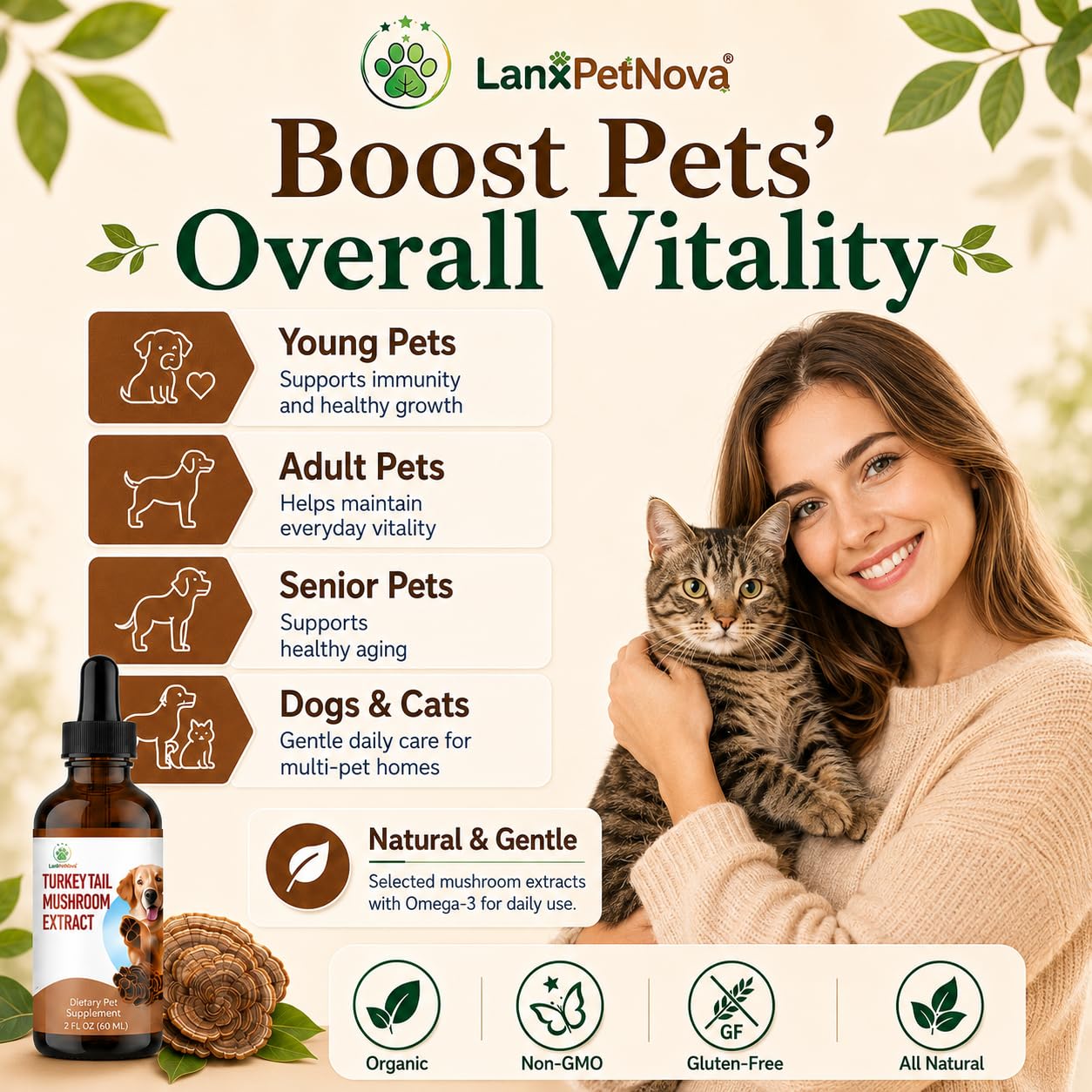 Extracto de Hongo Cola de Pavo para Perros y Gatos, Gotas Líquidas con Reishi, Chaga y Omega-3, para Mascotas Mayores, Sensibles y Debilitadas, Apoya el Sistema Inmunológico, Digestión, Vitalidad
