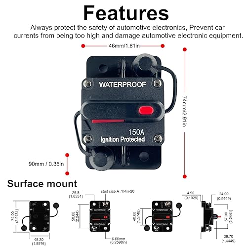 Miniatura 3 de Xipupoo Disyuntor de 150 amperios de 12 V a 48 V CC con botón de interruptor de reinicio manual para motor de arrastre de barcos, vehículos de