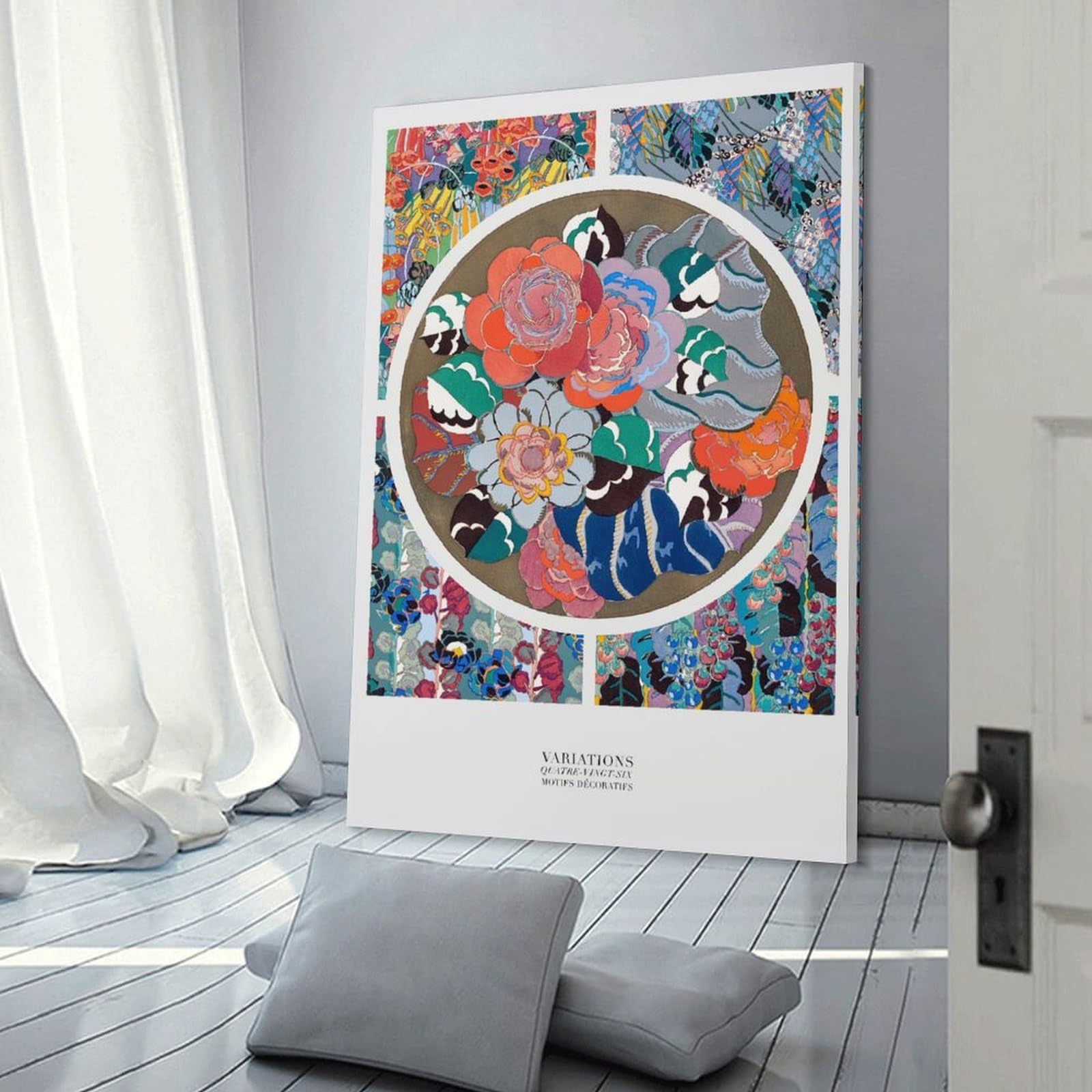 Junmoney Floral Decorative Motifs Art Deco Style Canvas Art Print, 24x36inch(60x90cm), for Home Walls, Creative Rooms Or Shared Spaces, Decorative Artwork with Broad Appeal