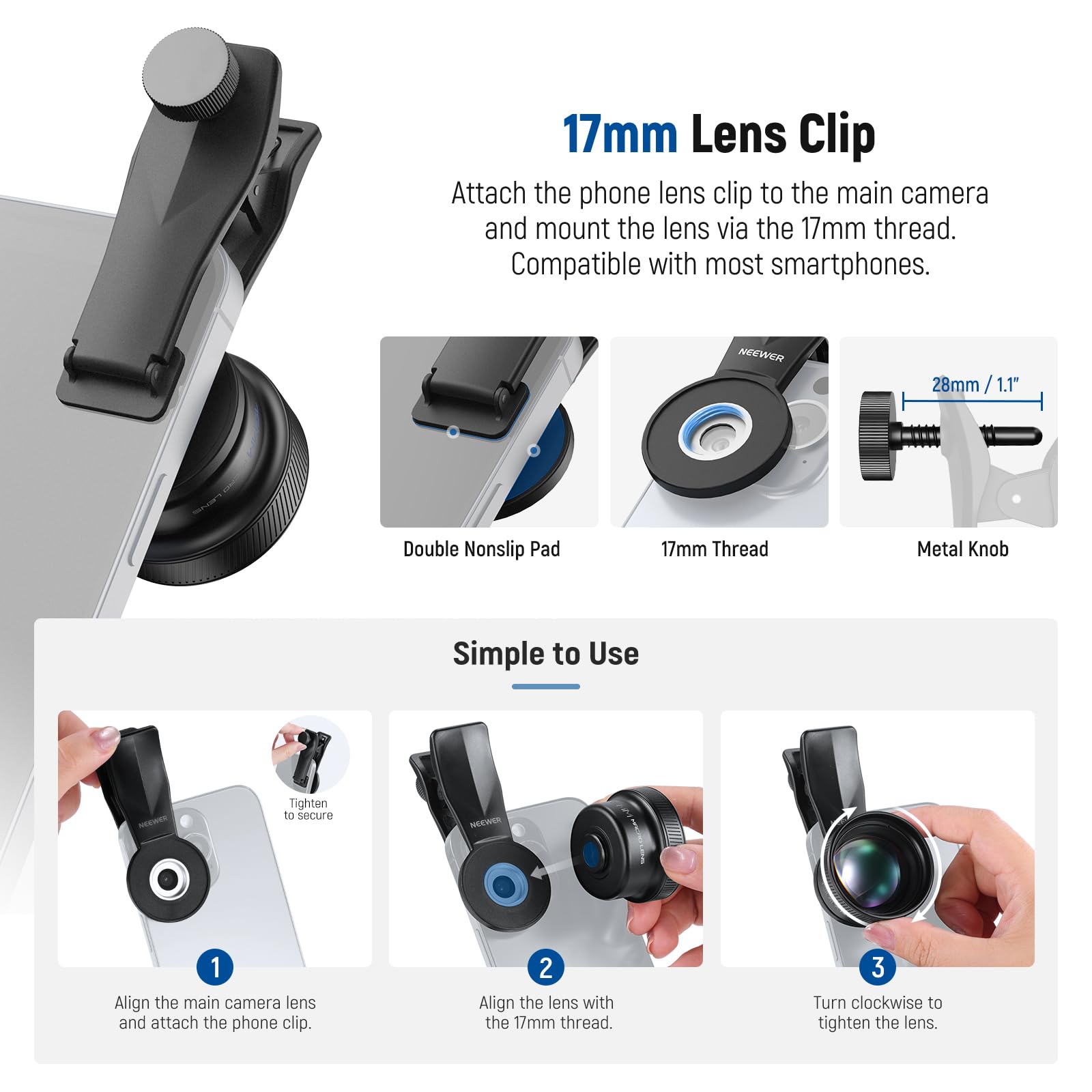 NEEWER Obiektyw aparatu makro 75 mm z gwintem 17 mm, powiększenie 3x, 5 elementów w 5 grupach do tylnej płyty, klatki na telefon, etui kompatybilne z iPhone Samsung Android, LS-73