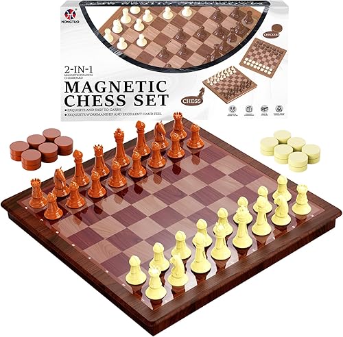 Miniatura 7 de Juego de ajedrez de 13 pulgadas y tablero de ajedrez magnético, juego de mesa de viaje de plástico plegable 2 en 1, juguete de estrategia clásico